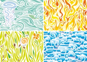 Four squares illustrate the four astrological elements, fire, earth, air, and water