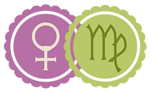 A pink Venus badge next to and partially overlapping a green Virgo badge