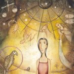 woman standing amongst zodiacal animals on a golden chart landscape