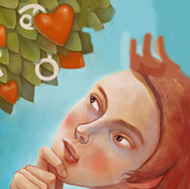 a woman pondering which apple to choose in an apple tree with signs of the zodiac