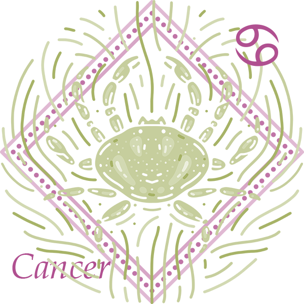 Crab illustration within pink diamond frame with the word Cancer and its symbol