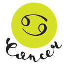 Cancer the Crab represented by the Cancer glyph in a black font on a green circle background