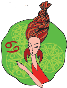 Cancer symbol and woman with pincer earrings and hair twisted to resemble a lobster tail