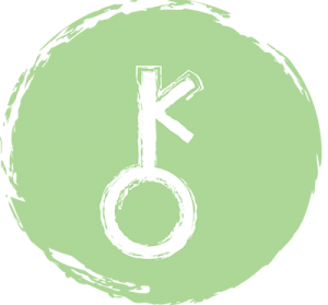 Chiron astrology symbol, resembling a key, in white on a light green circle background