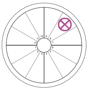 An oversized pink-purple Part of Fortune symbol (an x in a circle) overlays the eighth house of an otherwise blank chart wheel