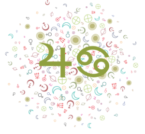 Jupiter symbol next to the Cancer symbol on a background of random astrological symbols