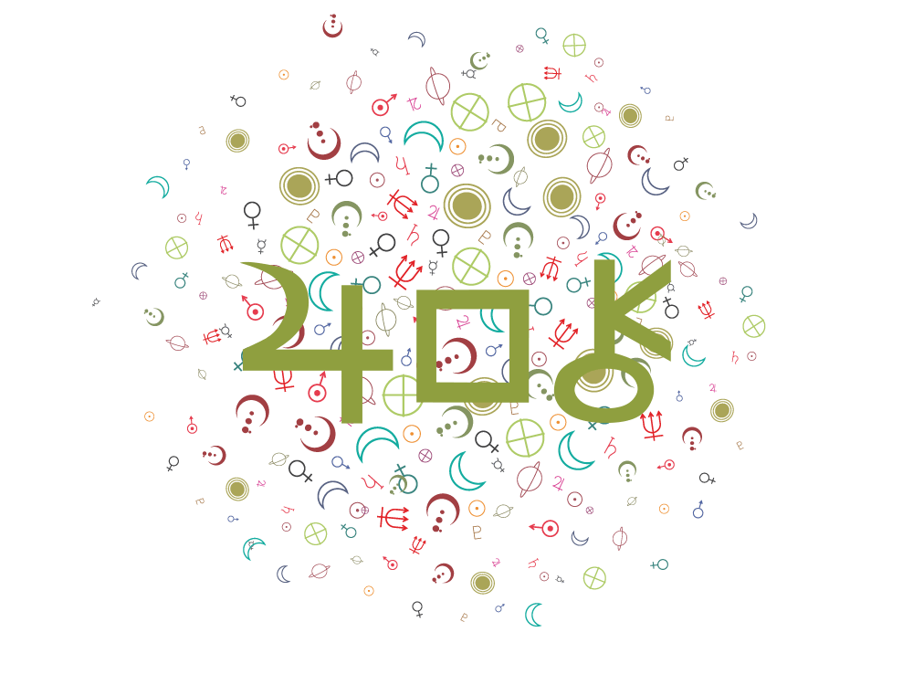 The symbols for Jupiter, square aspect, and Chiron in green on a background of randomized symbols