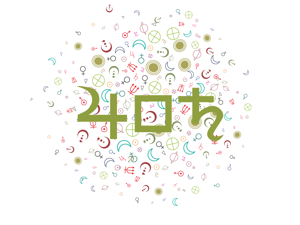 Planet and aspect symbols in green: Jupiter, square, Saturn, on a decorative background