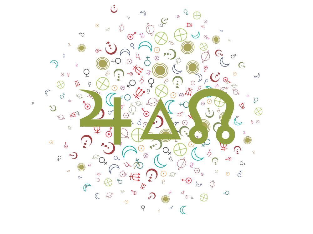 Green symbols of Jupiter, trine aspect (as a triangle), and Moon's North Node on a backsplash of random astrological symbols