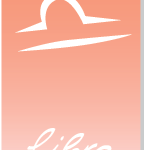 Libra glyph with Libra in handwritten script on an orange rectangular card