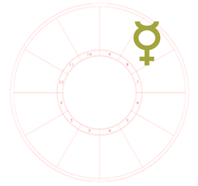 The Mercury symbol is the only element on a blank natal chart background. It sits in the eighth house of the chart.