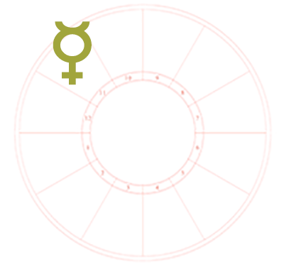 The Mercury symbol is the only element on a blank natal chart background. It sits in the eleventh house of the chart.