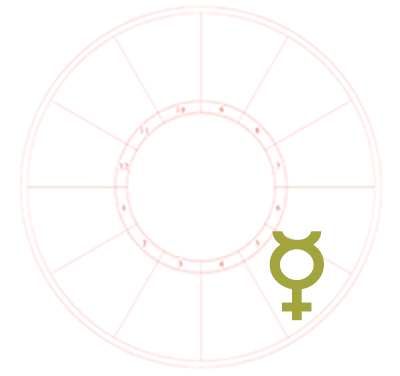 The Mercury symbol is the only element on a blank natal chart background. It sits in the fifth house of the chart.