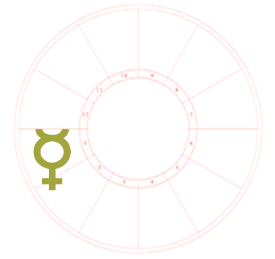 The Mercury symbol is the only element on a blank natal chart background. It sits in the first house of the chart.