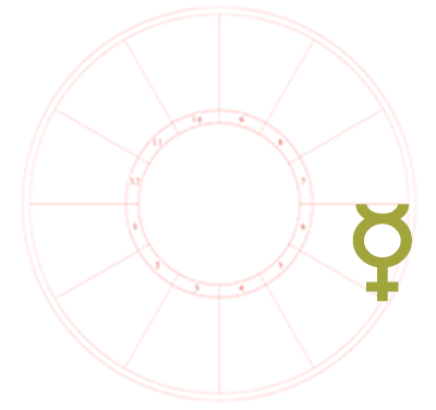 The Mercury symbol is the only element on a blank natal chart background. It sits in the sixth house of the chart.