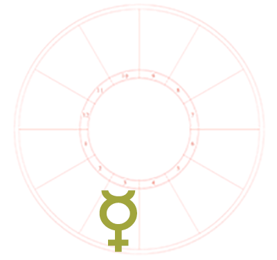 The Mercury symbol is the only element on a blank natal chart background. It sits in the third house of the chart.