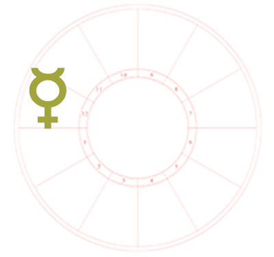 The Mercury symbol is the only element on a blank natal chart background. It sits in the twelfth house of the chart.