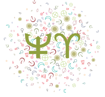 Symbols for Neptune (resembling a pitchfork) and Aries (resembling the horns of a ram) in green are in the foreground, set against a background of tiny, random astrological symbols