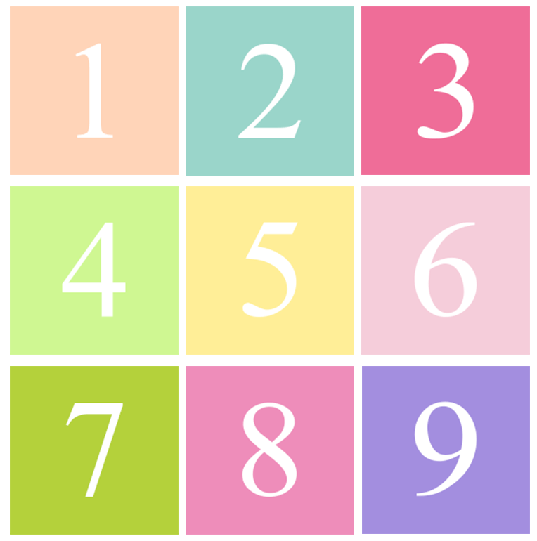A plaque of colorful squares featuring the numerals 1 through 9