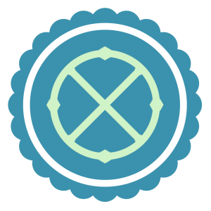 The part of fortune symbol (a cross in a circle) in light green on a blue badge