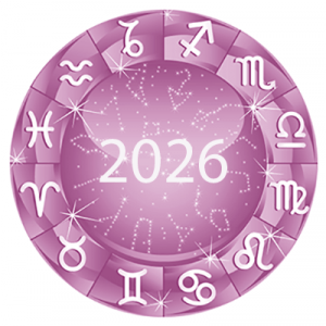 Pink wheel with each sign's symbol and the year 2026 text