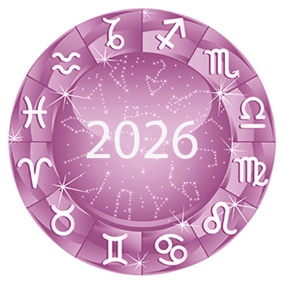 Pink wheel with each sign's symbol and the year 2026 text