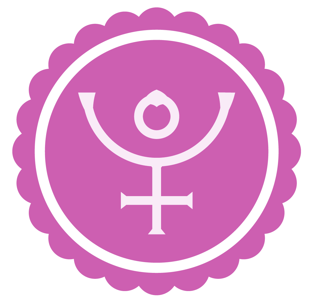 a light pink Pluto glyph within a darker pink circular badge