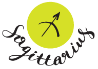 The word Sagittarius in script under the astrological glyph for the sign, resembling an arrow, in a green circle