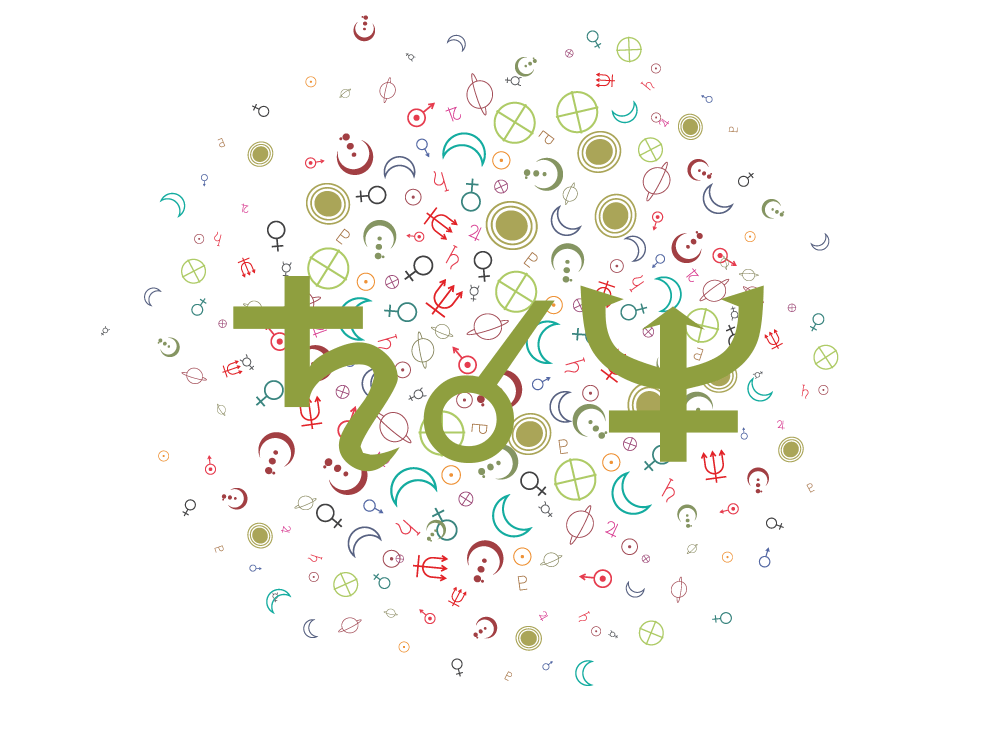 The symbols for Saturn (resembling a lowercase letter H), conjunction, and Neptune (resembling a trident) in the foreground on a background of tiny, random astrological symbols