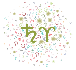 Green astrological symbols in the foreground: Saturn and Aries, on a background of random symbols