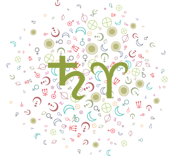 Green astrological symbols in the foreground: Saturn and Aries, on a background of random symbols