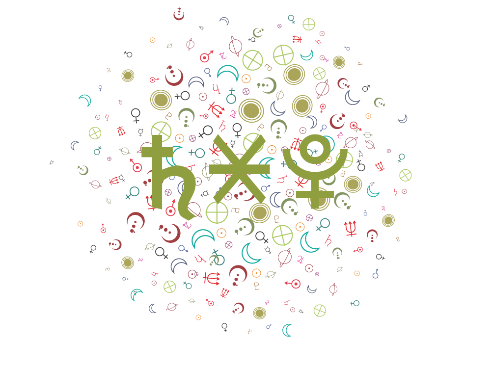 The symbols for Saturn, sextile, and Pluto in green in the foreground, against a background of random tiny astrological symbols