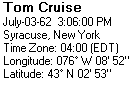 Tom Cruise's Natal Chart Details,: July 3rd, 1962, at 3:06 PM, Syracuse, New York