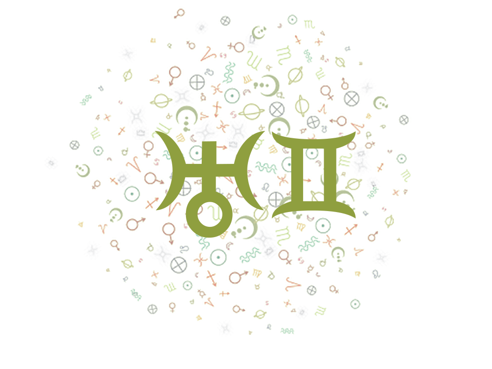 The symbols for Uranus and Gemini on the foreground of small, randomized astrology symbols