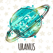 Illustration of the planet Uranus in blue-green with a ring around it.