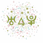 The symbols of Uranus, trine aspect, and Pluto in the foreground, against a backdrop of random tiny astrological symbols