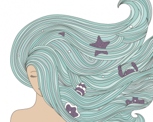 Illustration of a woman bowing her head with a fabulous head of seafoam green hair with sea-related items in the hair, including a starfish