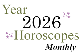 Text in green and black: "year 2026 Horoscopes: Monthly" with purple stars